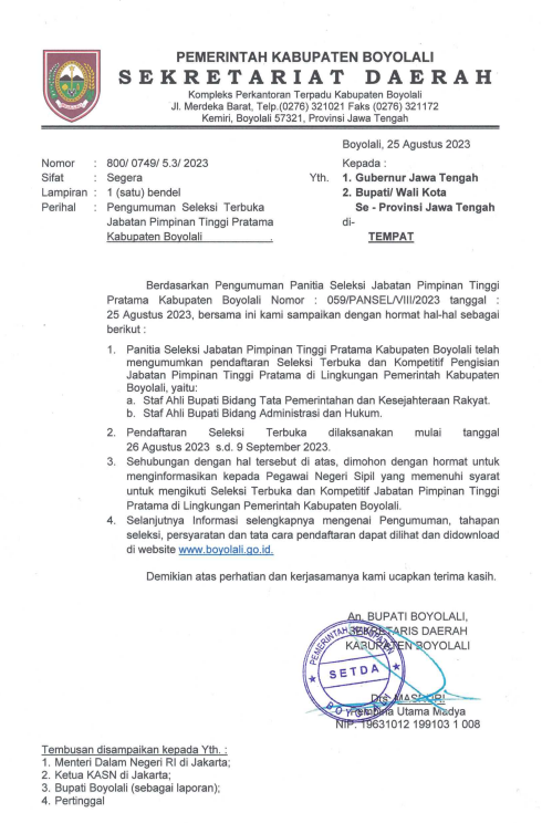 Pengumuman Seleksi Terbuka JPT Pratama Staf Ahli Bupati Kab. Boyolali Tahun 2023